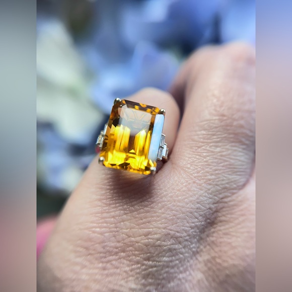 Large Citrine Emerald Cut Diamond Cocktail Ring 14k Yellow Gold - Picture 14 of 16